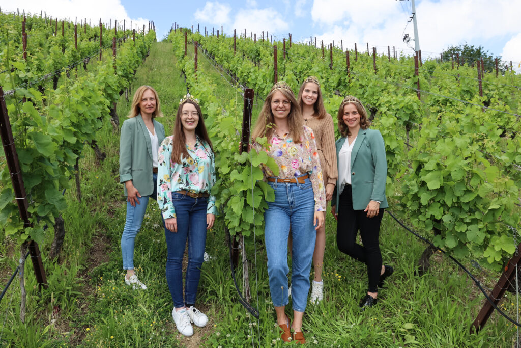 Die Deutsche Weinkönigin zu Besuch in Franken zusammen mit den Deutschen Weinprinzesinnen Lea Bassler und Jessica Himmelsbach,  und der 66. Fränkischen Weinkönigin Lisa Lehritter zu Besuch im Weingut Horst Sauer in Escherndorf. Foto: Rudi Merkl Gebietsweinwerbung Frankenwein-Frankenland GmbH