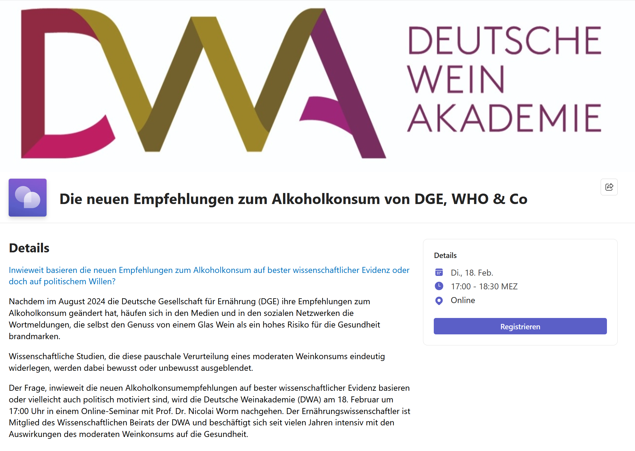 Online-Seminar: Einordnung der Empfehlungen zum Alkoholkonsum durch die Deutsche Weinakademie