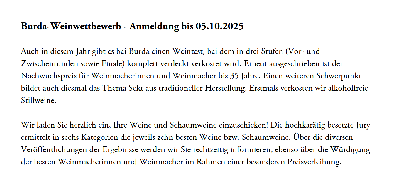 Burda Weinwettbewerb – Anstellung kostenfrei