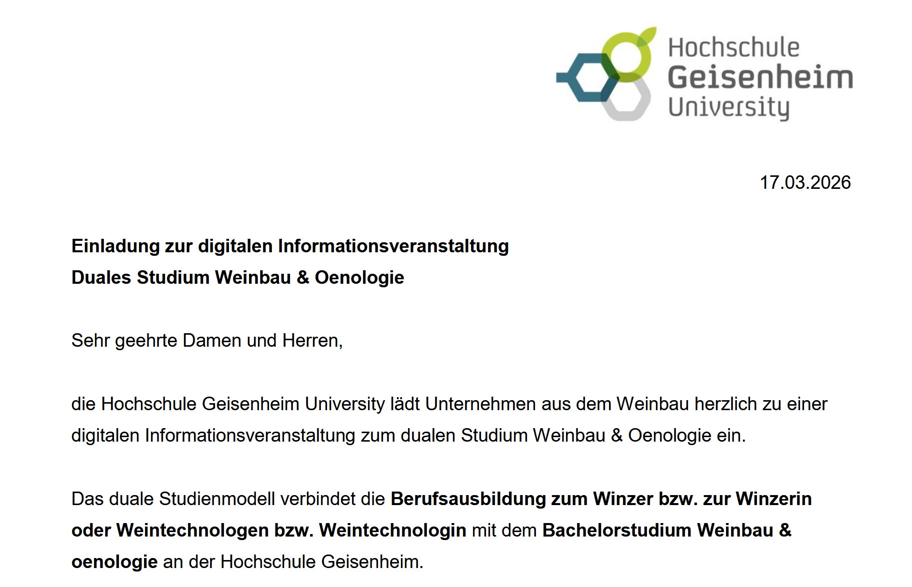 Duales Studium Weinbau & Oenologie B.Sc. Hochschule Geisenheim