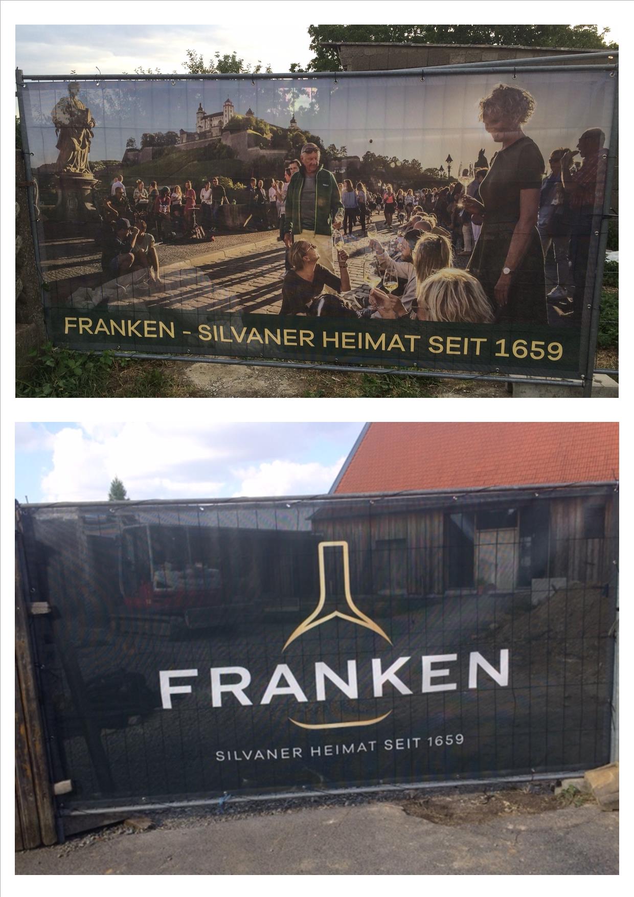 Bauzaunbanner mit Frankenwein-Logo und Brückenmotiv